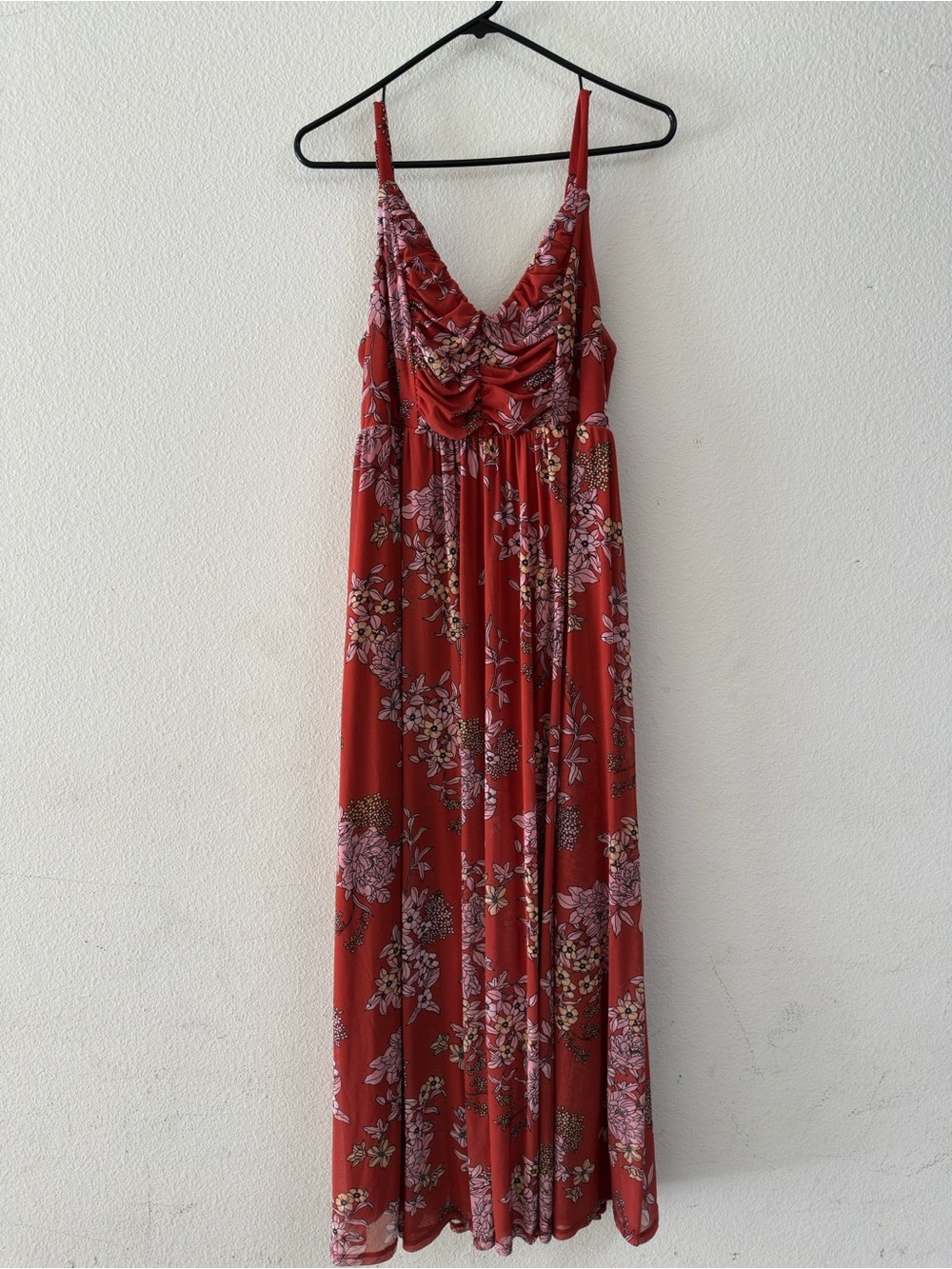 Torrid Red Floral Ruched V-Neck Maxi Dress